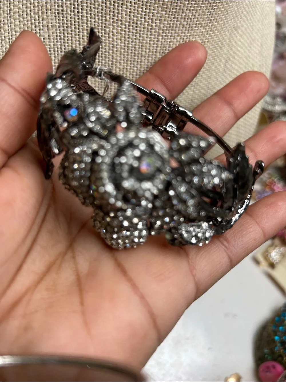 Crystal Floral Statement Bracelet - Gunmetal and Clear Rhinestones